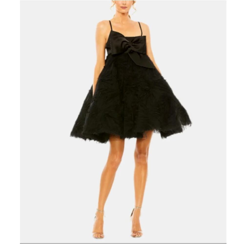 Mac Duggal Women's Black Bow Front Tulle Mini Dress Size 8